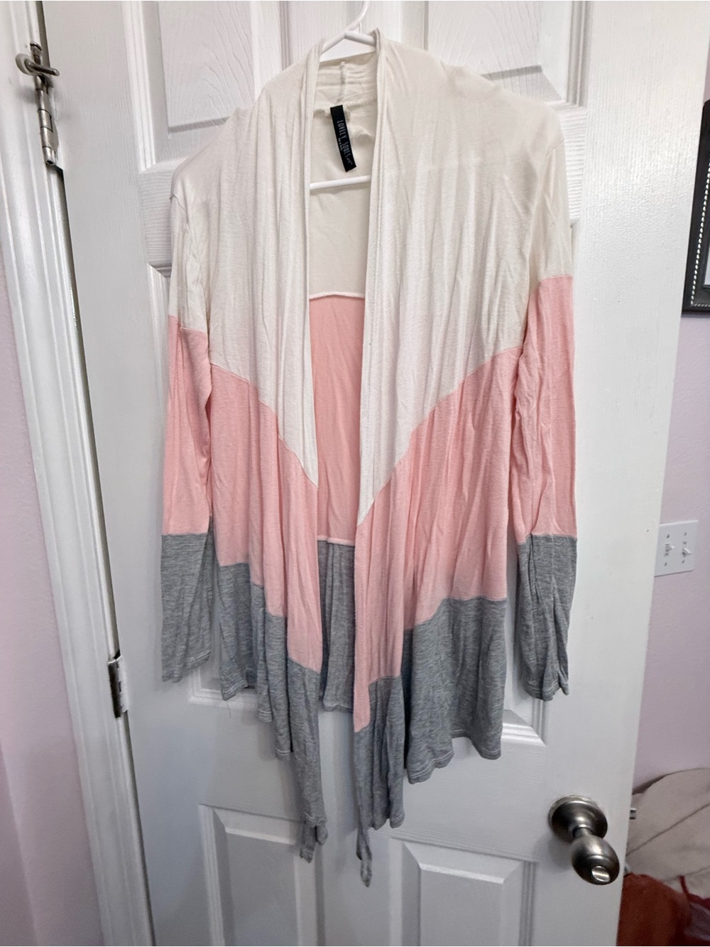 Open-Front Colorblock Cardigan Sweater in Pink, Ivory & Gray